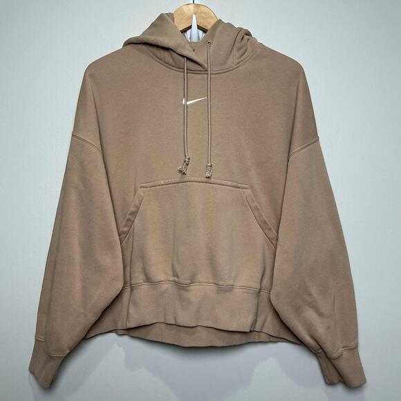 Nike Hoodie Women’s S Center Swoosh Tan Pullover Cropped Oversized Soft - Picture 1 of 6